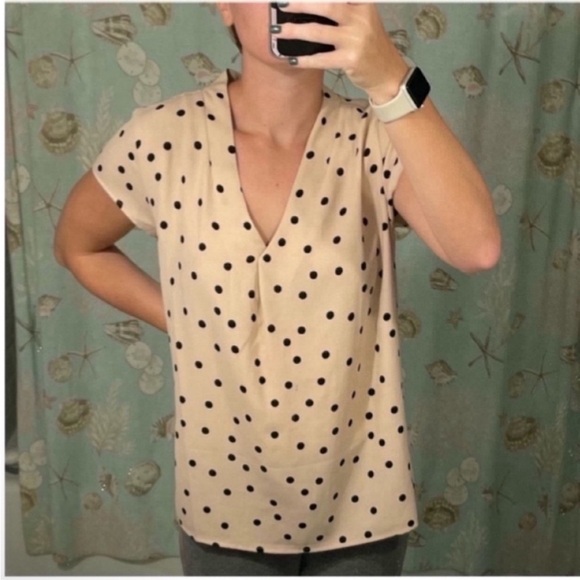 Halogen Tops - Halogen Beige Polka Dot V-Neck Blouse